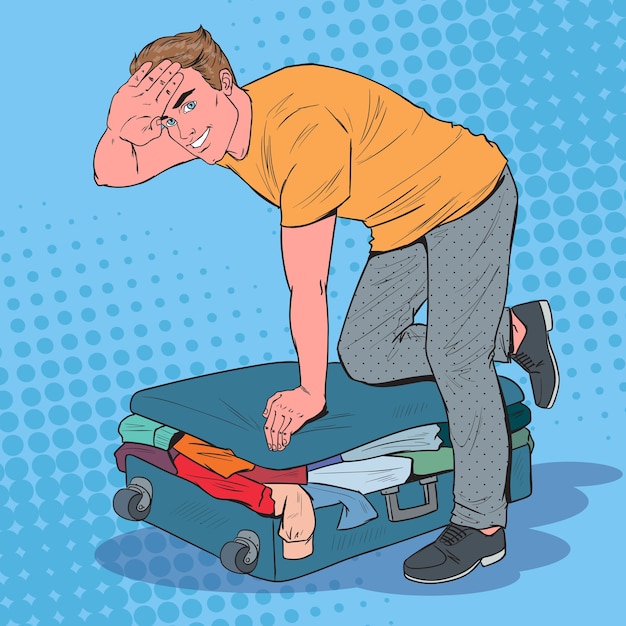 Vector pop art man trying to close overflowed suitcase