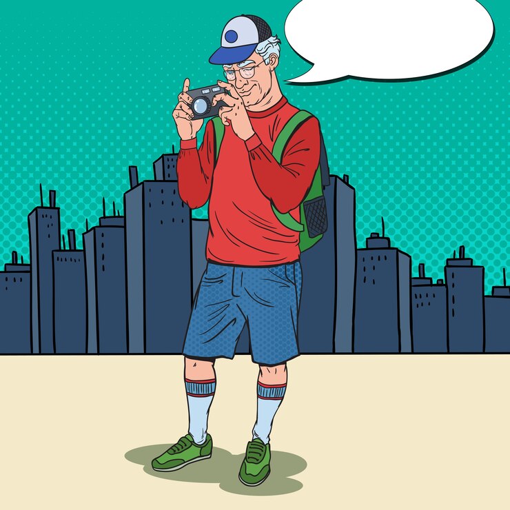 Vector pop art mature man taking picture
