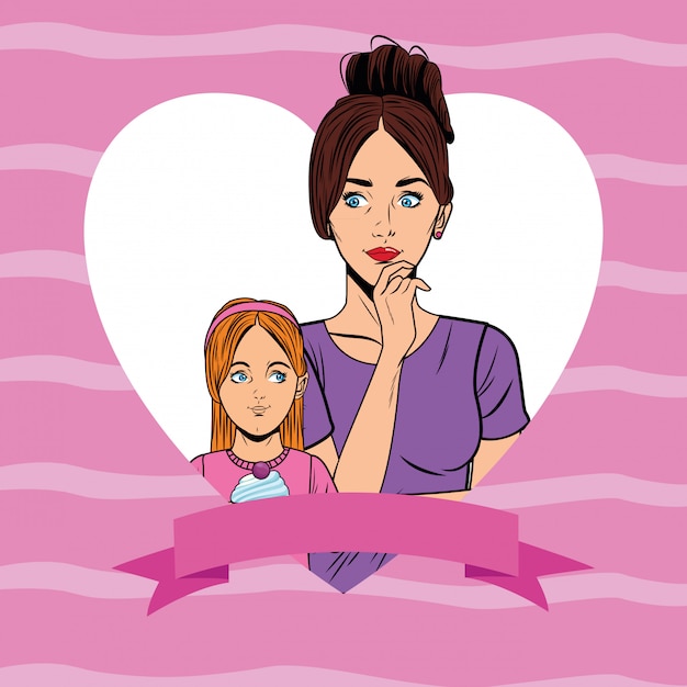 Vector pop art mother and daugther card cartoon