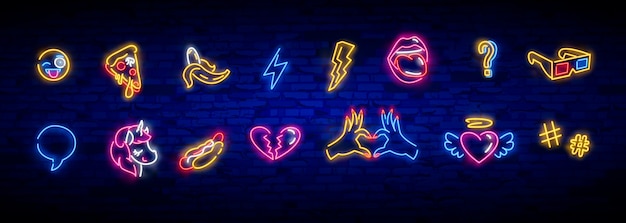 Pop-art pictogrammen instellen. Pop art neon teken. Helder bord, lichte banner.