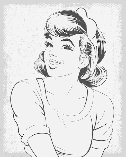 Vector pop art pinup girl line art portrait illustration of a vibrant retro woman