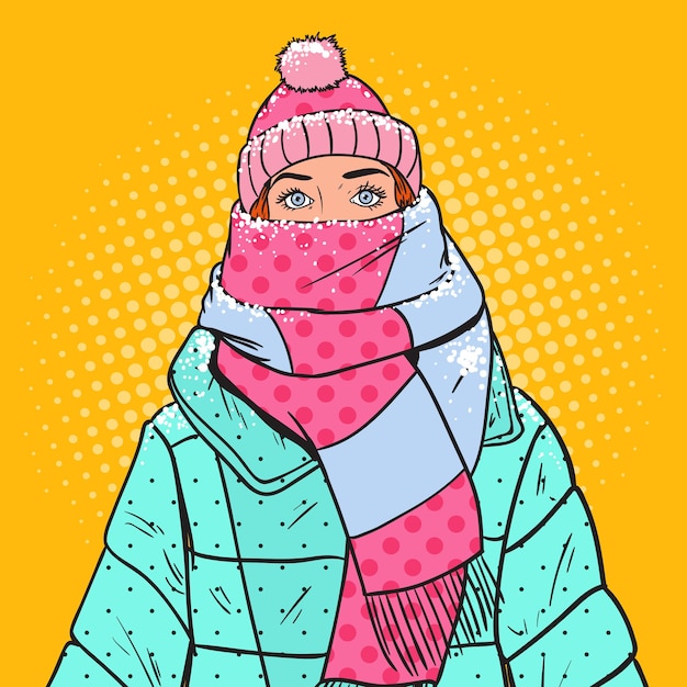 Vector pop art portrait of beautiful woman in warm winter clothes. cold weather.