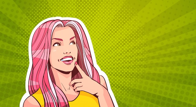 Pop art portrait of beautiful woman with long pink hair looking up to copy space