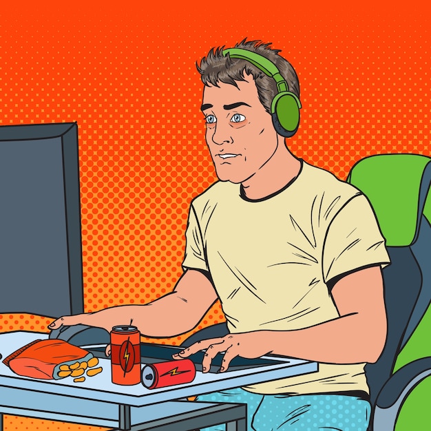 Ritratto di arte di schiocco dell'uomo esausto che gioca ai videogiochi