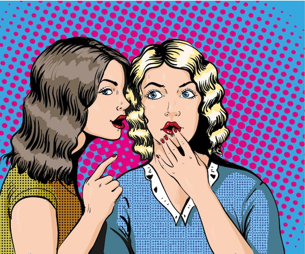 Vector pop art retro comic vector illustration woman whispering gossip or secret to her friend