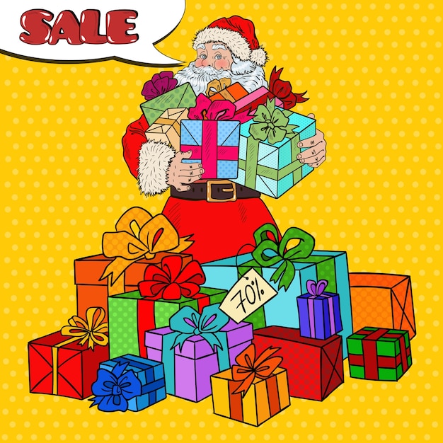 Pop Art Santa Claus with Christmas Gifts on Christmas Sale.  