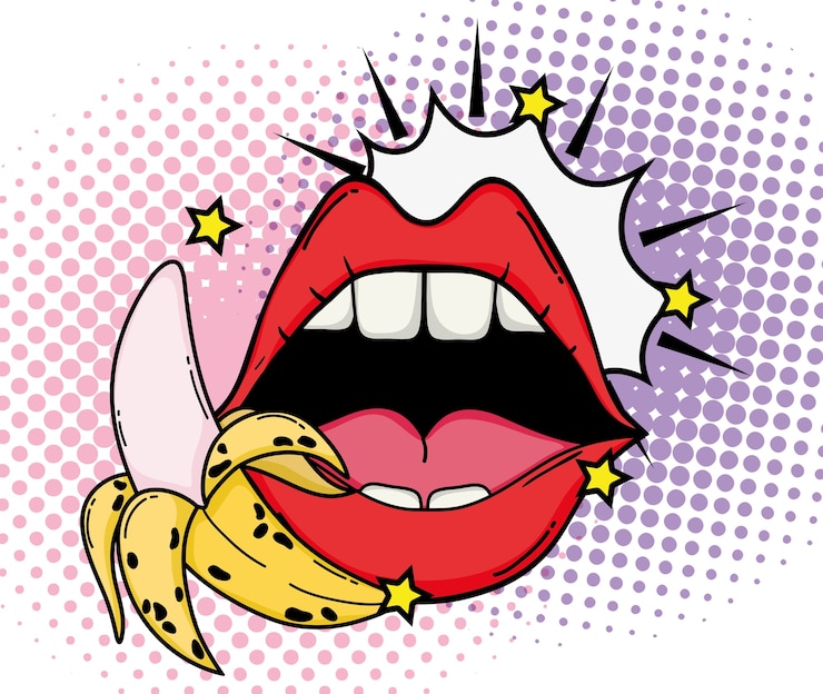 Vector ポップアートセクシーな唇とバナナかわいい漫画ベクトルイラストグラフィックデザイン