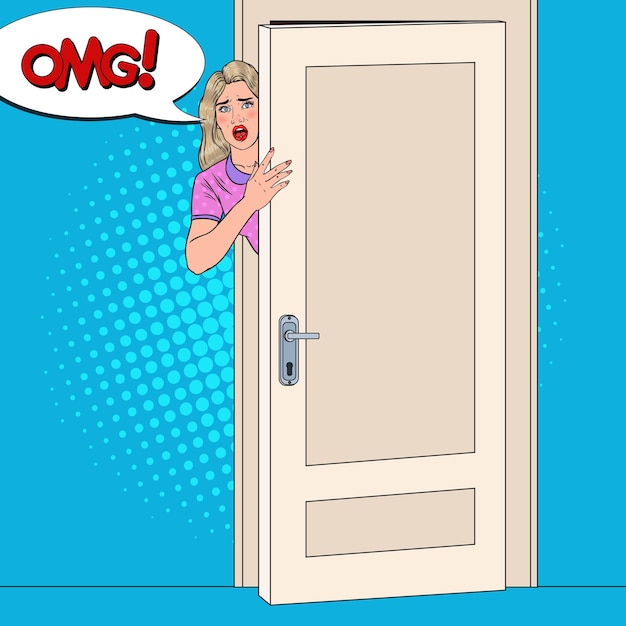 Pop art shocked woman peeking from behind a door