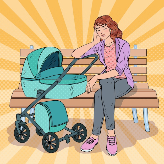 ベビーカーと一緒に公園のベンチに座っているポップアート眠れない若い母親。母性の概念。生まれたばかりの子供と疲れた女性。