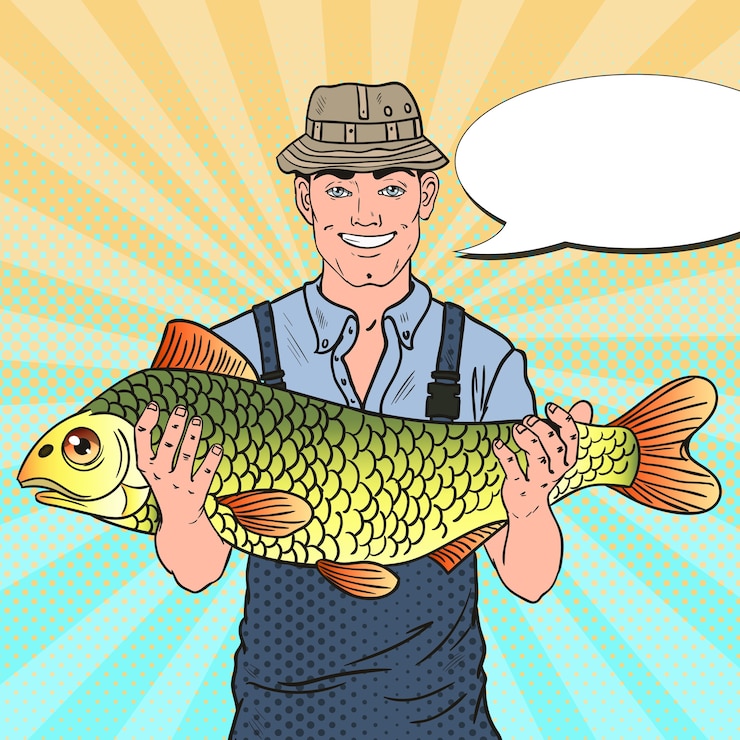 Vector pop art smiling fisherman with big fish