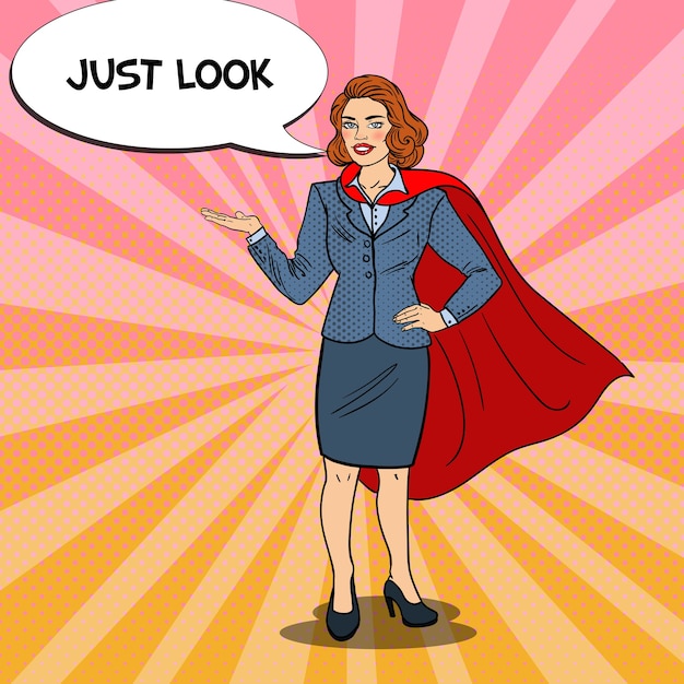 Pop art smiling super business woman in red cape pointing on copy space