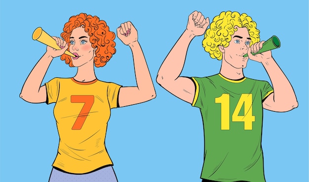 Vector pop art soccer fans with horns supporting favourite teams