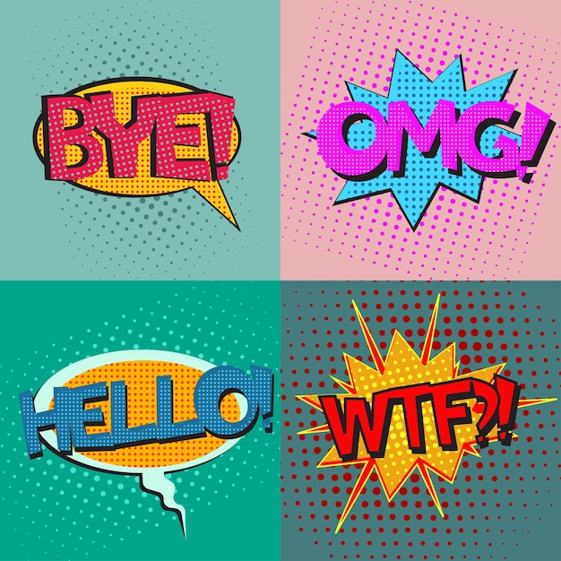 Vector pop art speech bubbles set with texts bye omg hello wtf comic book speech bubbles set colorful speech bubbles set with texts on a dots pattern backgrounds in popart retro style vector