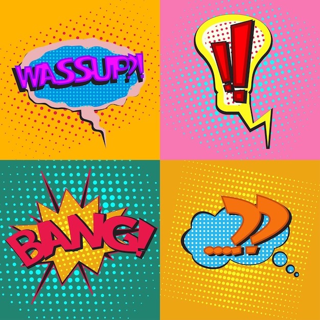 Vettore fumetti pop art con testi wassup bang con punto esclamativo e punto interrogativo fumetti colorati con testi su sfondi a motivo di punti in stile retrò popart vettoriale