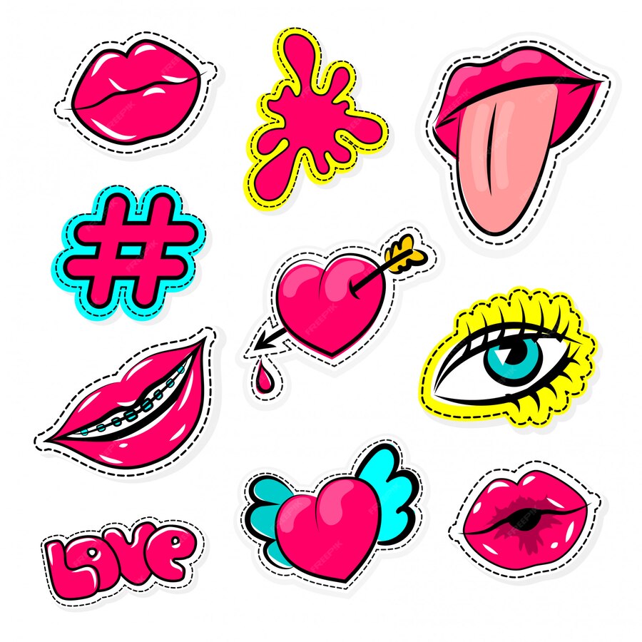 Premium Vector | Pop art sticker set isolated hash tag, love, heart ...