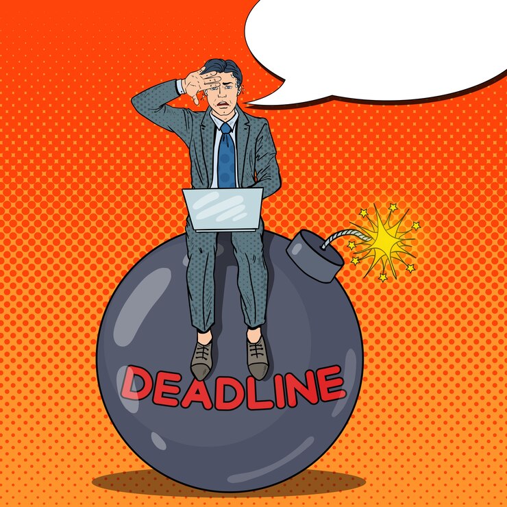 Vector pop art stressed businessman working on deadline bomb. 