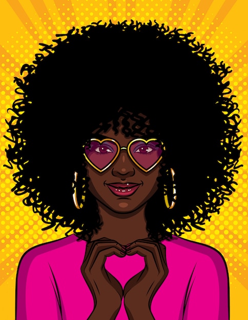Vettore illustrazione di stile pop art di una bella ragazza afroamericana che mostra con le sue mani una forma di cuore