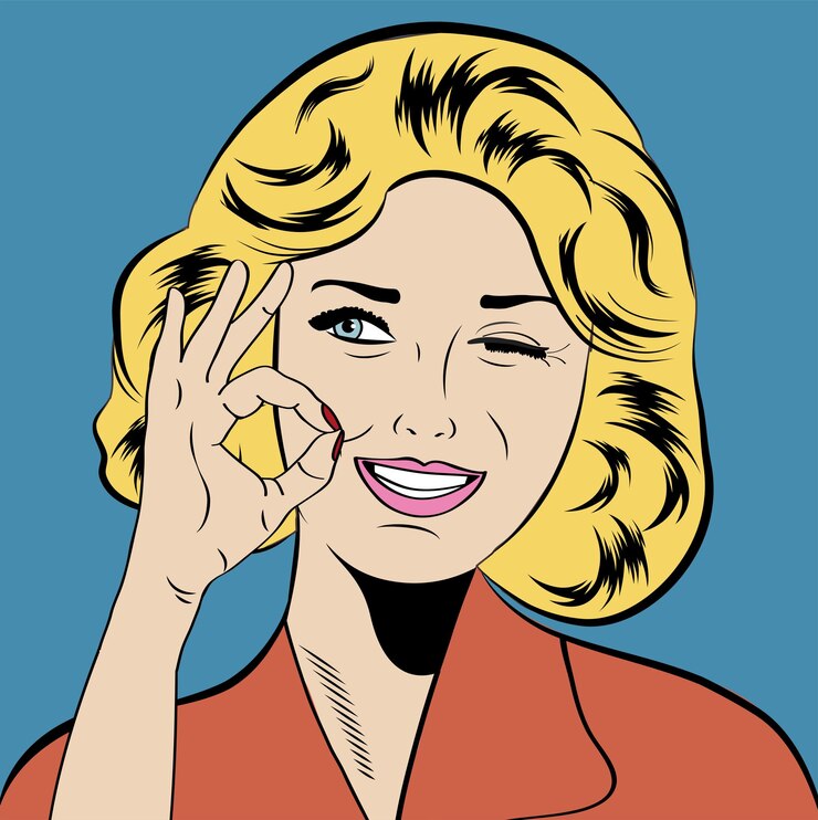 Pop art style illustration of smiling woman expression winking with blue background