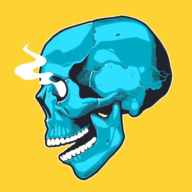 Pop Art Style Skull With Smoking Eyes. Side view blue skull