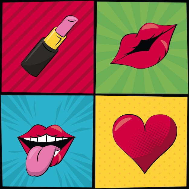 Vector pop art style with stripes and dots with lipstick heart and mouth