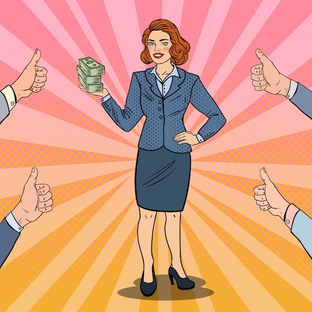 Pop art successful business woman with stack of money