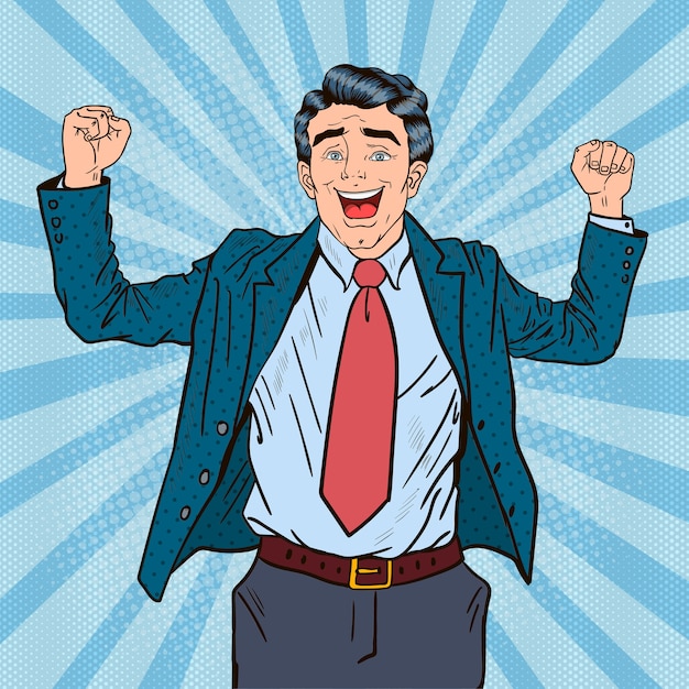 Vector pop art successful businessman celebrating.