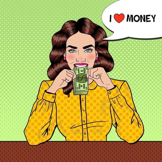 Pop art successful young beautiful woman eating money