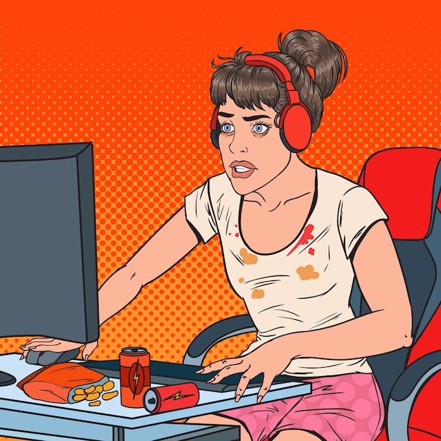 Vector pop art tired young woman playing video games