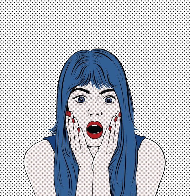 Vector pop art vector illustrations cute woman a little surprised retro comic pop art illustration