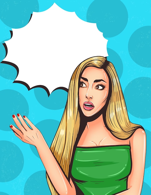 Pop art vintage comic girl with speech bubble. confused thinking pretty girl