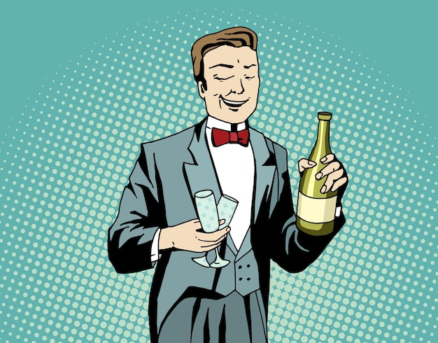 Pop art waiter with champagne and wineglasses at work