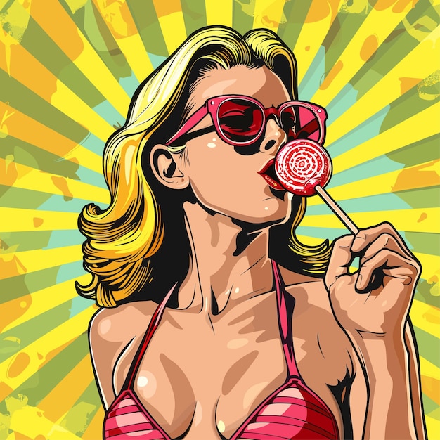 Donna pop art in bikini con il lecca-lecca vector illustration