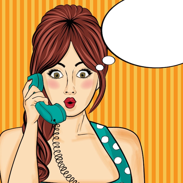 Vector pop art  woman chatting on retro phone