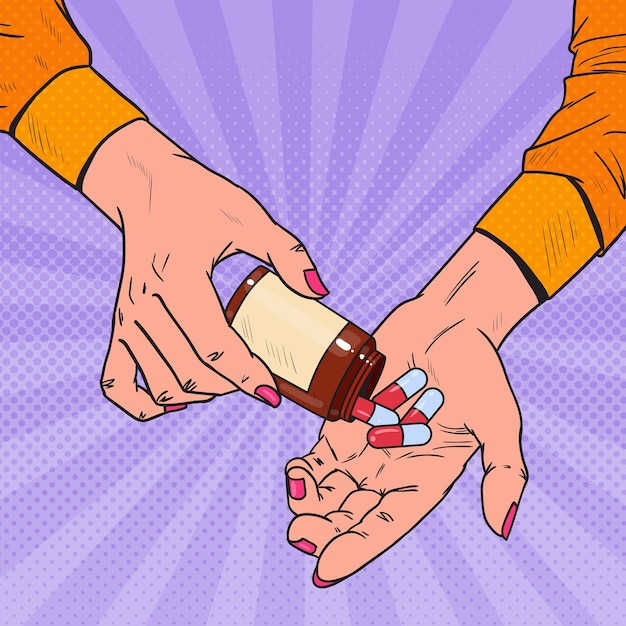 Bottiglia della holding della donna di pop art con farmaci medici. mani femminili con le pillole. supplemento farmaceutico.