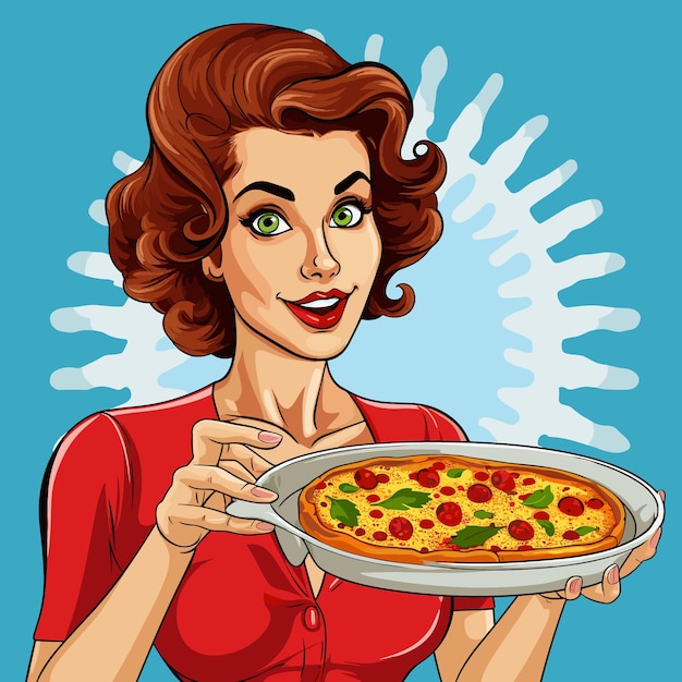 Vector pop art woman holding tray with pizza hand drawn illustration