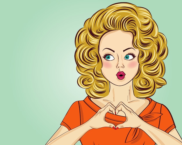 pop art woman making heart sign w