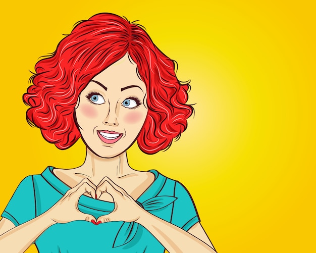 Vector pop art woman making heart sign with hands. valentine's day card