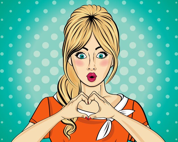 Pop art woman making heart sign