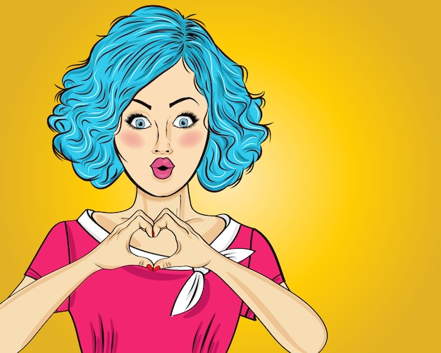 pop art woman making heart sign 
