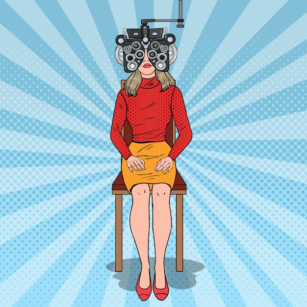 Pop art woman patient at optometric clinic with optical phoropter