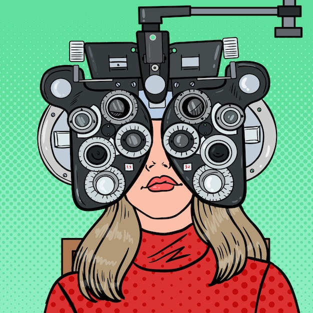 Pop Art Woman Patient at Optometric Clinic with Optical Phoropter