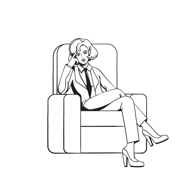 Поп-арт женщина сидит в кресле в деловом костюме