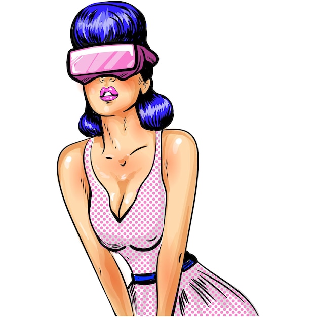 Vettore pop art donna in occhiali vr auricolare cartone animato vettore