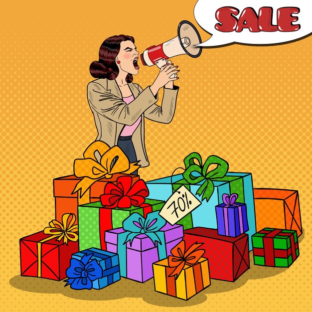 Pop art woman with megaphone promoting big sale standing in gift boxes.  illustration