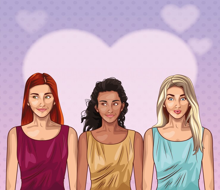 Vector pop art women models smiling cartoon