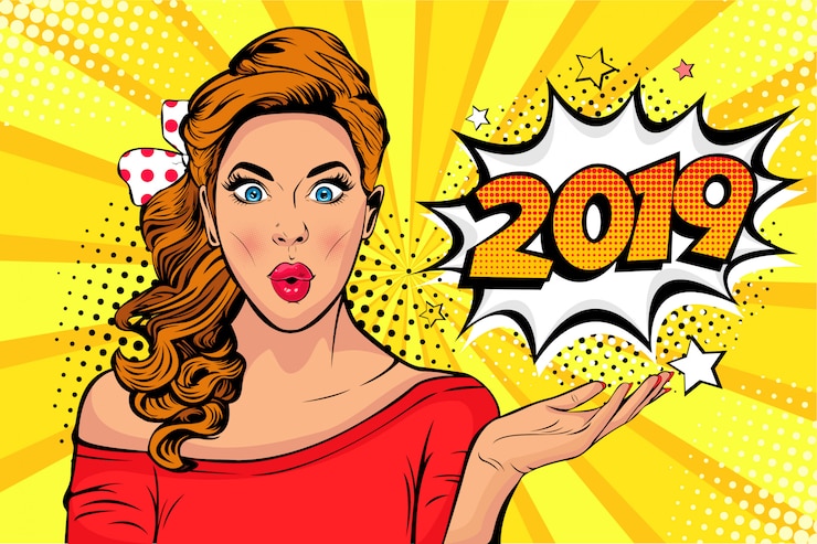Vector pop art wow face of caucasian young girl with 2019 number as a new year poster or banner