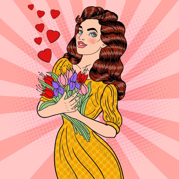 Pop art young beautiful woman holding bouquet of flowers.