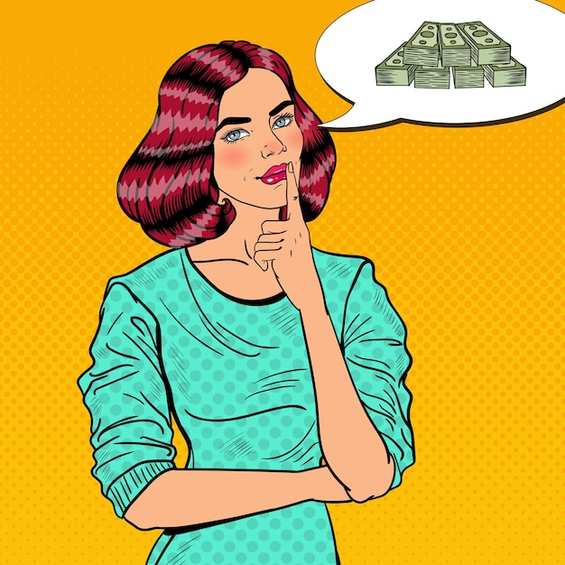 Vector pop art young beautiful woman thinking about money.