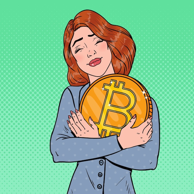 Pop art young business woman holding big bitcoin coin