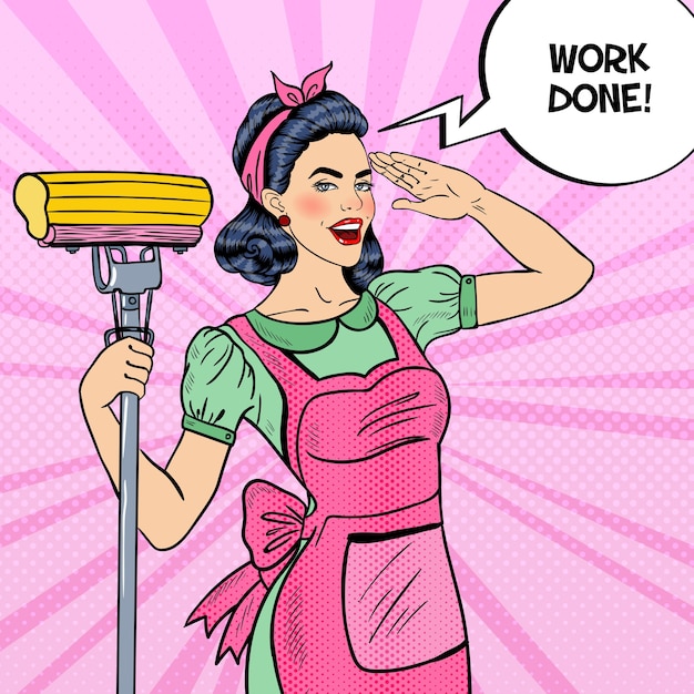 Pop art young confident housewife woman cleaning house with mop.  illustration